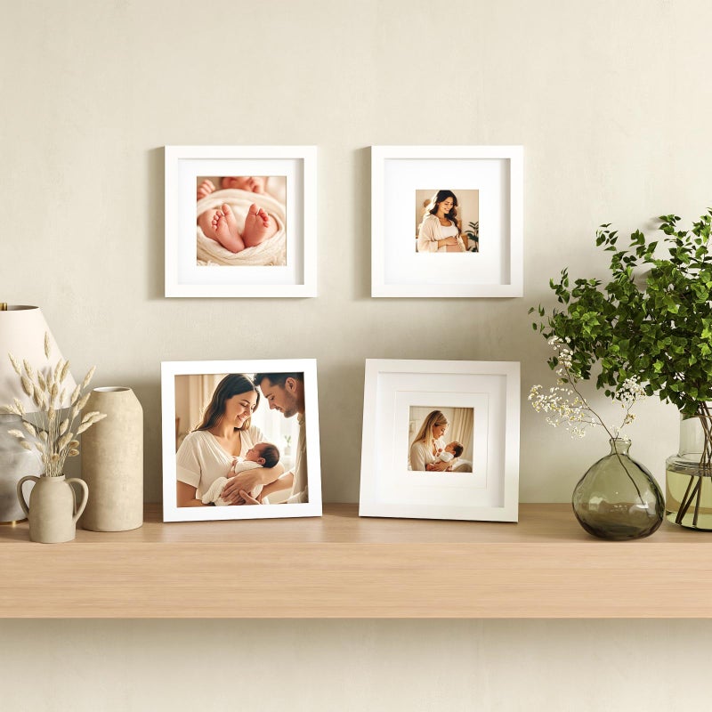 Egofine 8x8 Picture Frames 4 PCS - Made of Solid Wood Covered by Plexiglass for Table Top Display and Wall Mounting Photo Frame for Pictures 4x4/6x6 with Mat White - Image 5